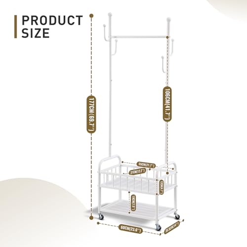 Free Standing Rolling Clothes Rack with Wheels Shoe Storage - White | Small Narrow Cloth Hanger Garment Rack for Bedroom Livingroom Lab Dress Shirt Rack with Metal Basket and Shoe Storage Shelves - color: White-2 Tier
