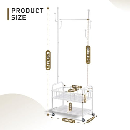 Free Standing Rolling Clothes Rack with Wheels Shoe Storage - White | Small Narrow Cloth Hanger Garment Rack for Bedroom Livingroom Lab Dress Shirt Rack with Metal Basket and Shoe Storage Shelves - color: White-2 Tier