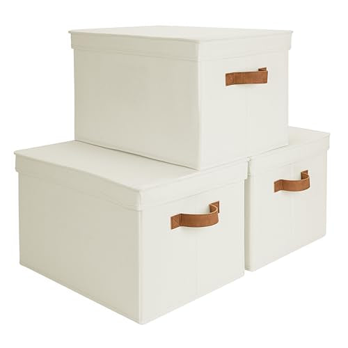 StorageWorks Fabric Storage Bins with Lids, Closet Storage Bins | Lidded Dust-proof, Easy Pull Handles, Foldable, Stackable, Ideal for Clothes Blanket Towel, Jumbo, Ivory, 3-Pack - color: Ivory, size: Jumbo
