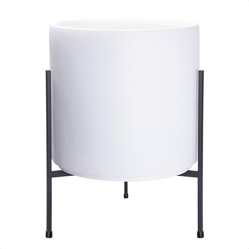D'vine Dev Cylinder Planter Pot with Metal Stand, White, 14 in, 96-T-A-4 | Durable Fiberclay Construction, Sleek Modern Design, Heavy-Duty Iron Stand, Drainage Hole & Saucer, Elegant Indoor Display - color: White, size: X-Large 14 Inch