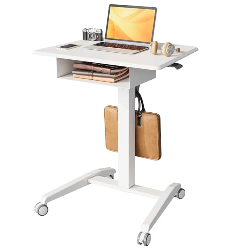 JOY worker Mobile Standing Desk with Drawer, 28" White Rolling Laptop Desk | Pneumatic Height Adjustable, Open Storage Shelf, 4 Rolling Wheels, Portable Sit Stand Desk, Holds 22lbs, Home Office School - color: White, size: 27.5 Inch