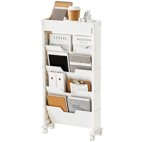 5-Tier Rolling Bookshelf, Rolling Book carts with wheels,Book Storage Rack | Utility Carts, Movable File Folder Organizer Cart for Home,Study,Office,Living Room,Classroom