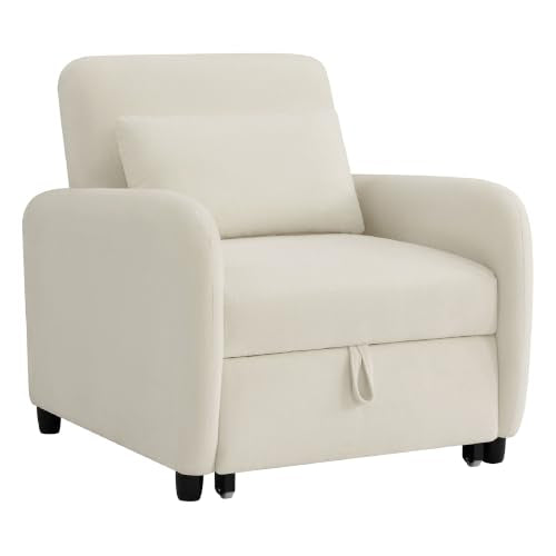 CHITA Sleeper Chair, Pull Out 3-in-1 Convertible Single Sofa Bed Chair with Adjustable Backrest, Chenille Chaise Lounge Chair for Living Room, Bedroom & Apartment - color: Cream