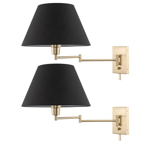 Kira Home Cambridge 15" Modern Swing Arm Wall Sconce + 3-Way Switch, 2-Pack | Black Empire Fabric Shade, 2-in-1 Plug In or Hardwired Gold Bedroom Wall Lamp with Dimmer Switch, Cool Brass Finish - color: Cool Brass,Black Shade,2-Pack