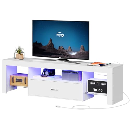 HOOBRO LED TV Stand with Power Outlets to 65 inch TV, Gaming Entertainment Center with Glass Shelves and Large Drawer, Modern Media TV Console Table for Living Room Bedroom, White WT14UDDS01 - color: White, size: 55.1 Inch