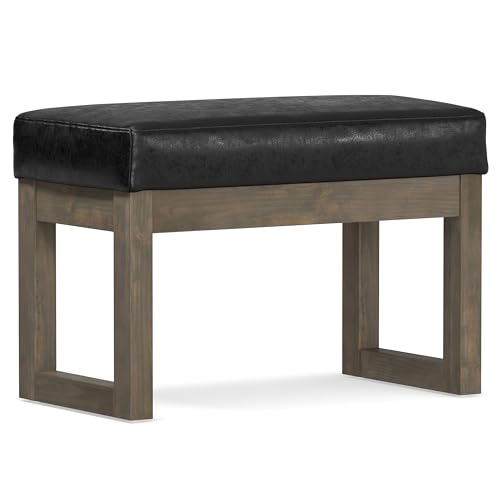 SIMPLIHOME Milltown 27" Wide Vegan Leather Rectangle Ottoman in Black | Distressed black, contemporary ottoman with a cushioned seat for bedroom seating; footstool, footrest or bench. - color: Distressed Black, style: Small Ottoman Bench