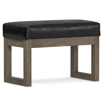 SIMPLIHOME Milltown 27" Wide Vegan Leather Rectangle Ottoman in Black | Distressed black, contemporary ottoman with a cushioned seat for bedroom seating; footstool, footrest or bench. - color: Distressed Black, style: Small Ottoman Bench