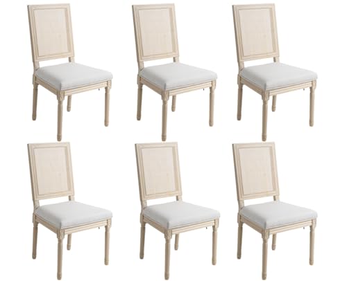 Kmax Farmhouse Dining Room Chairs, Fabric French Distressed Bedroom Chairs with Rectangle Rattan Back, Elegant Tufted Kitchen Chairs, Set of 6, Light Grey - color: White Wash/Rattan Light Grey, size: 6 Chairs