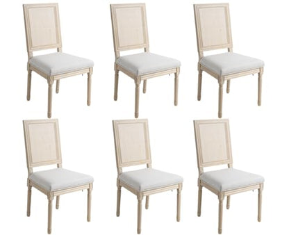 Kmax Farmhouse Dining Room Chairs, Fabric French Distressed Bedroom Chairs with Rectangle Rattan Back, Elegant Tufted Kitchen Chairs, Set of 6, Light Grey - color: White Wash/Rattan Light Grey, size: 6 Chairs