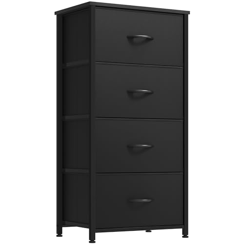 DWVO Storage Tower with 4 Drawers - Fabric Dresser | Organizer Unit for Bedroom, Living Room, Closets, Sturdy Steel Frame, Easy Pull Fabric Bins, Wooden Top - color: Cool Black, style: 4-Drawer
