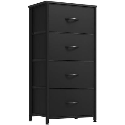 DWVO Storage Tower with 4 Drawers - Fabric Dresser | Organizer Unit for Bedroom, Living Room, Closets, Sturdy Steel Frame, Easy Pull Fabric Bins, Wooden Top - color: Cool Black, style: 4-Drawer