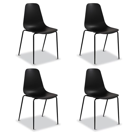 Poly & BARK Isla Stackable Dining Chairs Set of 4 – Mid Century Modern Plastic Dining Chair with Metal Legs – Kitchen & Dining Room Chairs – Dining Table Chairs Set – Indoor/Outdoor – Ebony Black - color: Ebony Black, style: Isla Stackable Set of 4