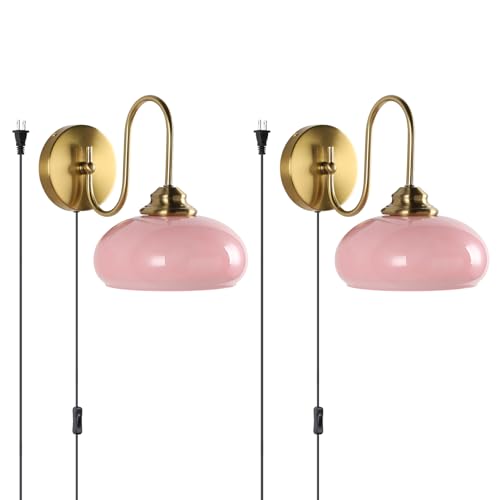 KCO Lighting Modern Pink Glass Wall Light Set of 2 Plug in Antique Brass Wall Sconce Pink and Gold Wall Sconces Bathroom Vanity Light Fixtures Plug in - color: Pink-2PC