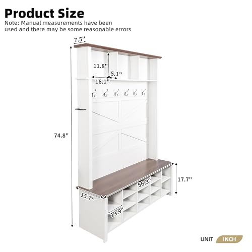 JIVOIT Farmhouse Retro Style Hall Tree, Multi-functional 4-in-1 Design Hall Tree, Practical Walnut Entryway Bench with Adjustable Shelves, Shoe Organizer with 16 Open Compartments for Entryway - color: White/07