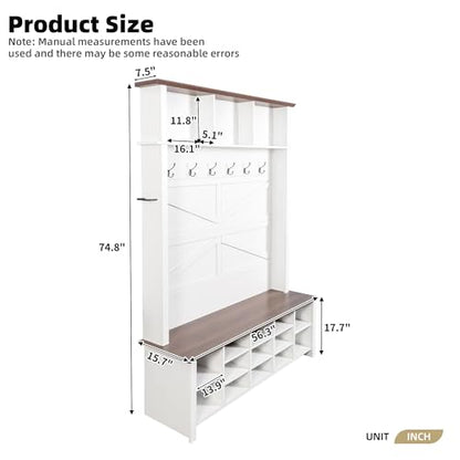 JIVOIT Farmhouse Retro Style Hall Tree, Multi-functional 4-in-1 Design Hall Tree, Practical Walnut Entryway Bench with Adjustable Shelves, Shoe Organizer with 16 Open Compartments for Entryway - color: White/07