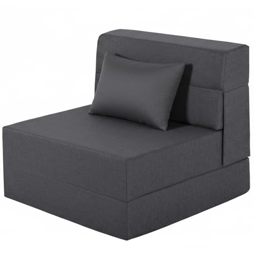 Fvkind Convertible Sleeper Chair, Removable Cover, Single Size, Gray | Linen-Like Fabric - Compact Foldable Design - Dorm & Small Spaces - Students & Adults - Floor Seating - color: Dark Grey, size: Single