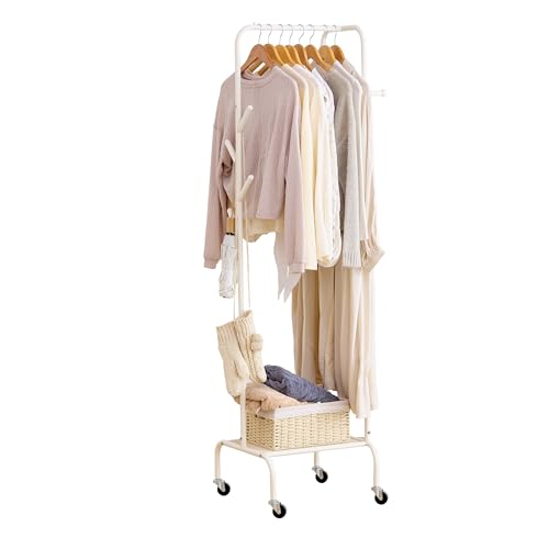 Heavy Duty Clothing Rack with Wheels, Garment Rack, Freestanding Coat Rack with 6 Hooks for Entryway, Bedroom Metal Clothes Hanger Stand for Hats, Jackets, Bags,Shoes (White, Single-layer) - color: White, size: Single-layer