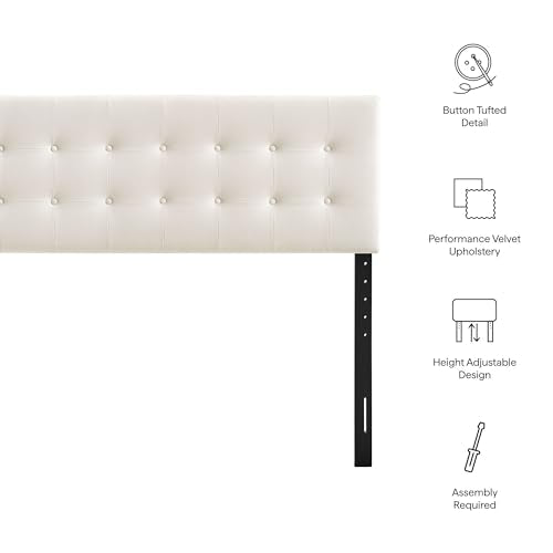 Modway Emily Full Size Performance Velvet Headboard in Alabaster - Stain-Resistant Velvet Upholstery with Button Tufting and 7 Adjustable Height Positions - color: Alabaster, size: Full