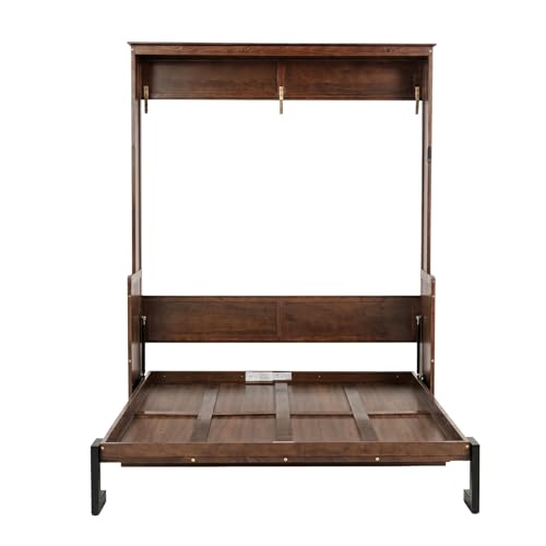SOFTSEA Queen Size Murphy Wall Bed Frame with Desk, Walnut | Space-Saving Hidden Wall Bed with Desk, Gas Struts, Vertical Murphy Bed Cabinet for Guest Room Home Office - color: Walnut