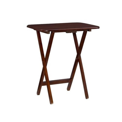 Pemberly Row Transitional Solid Wood Folding Tray Tables, Dark Cherry Finish, 5-Piece Set with Chrome Handle Stand, 15.72" w x 23.58" d x 26.38" h, Birch Veneer MDF Tops, Indoor Snack and Laptop Use