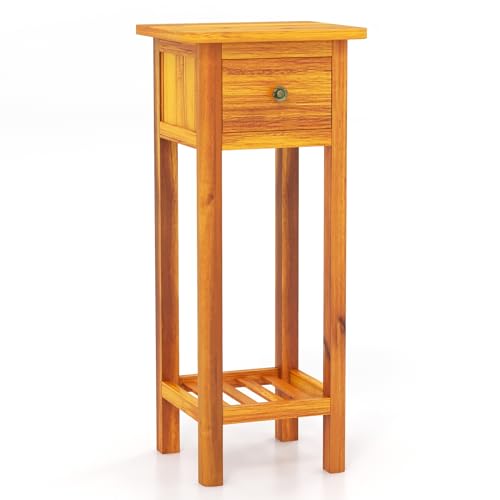 Narrow Side Table, Tall Nightstand with Drawer and Shelf, Small Bedside Tale for Small Space, Living Room End Tables, No Assembly (1, Brown) - color: Brown