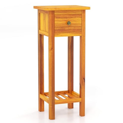 Narrow Side Table, Tall Nightstand with Drawer and Shelf, Small Bedside Tale for Small Space, Living Room End Tables, No Assembly (1, Brown) - color: Brown