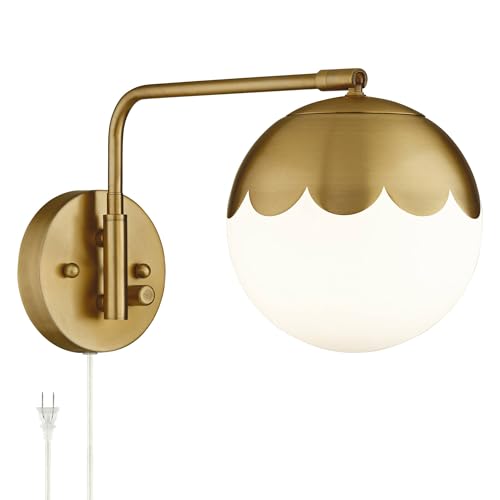 Camila 8 1/4" Brass and Glass Globe Plug-In Modern Wall Lamp Light Fixture | Indoor Swing Arm Antique Metal Dimmable Shade for Bedroom Bedside House Reading Living Room Hallway Dining - color: Brass - Single