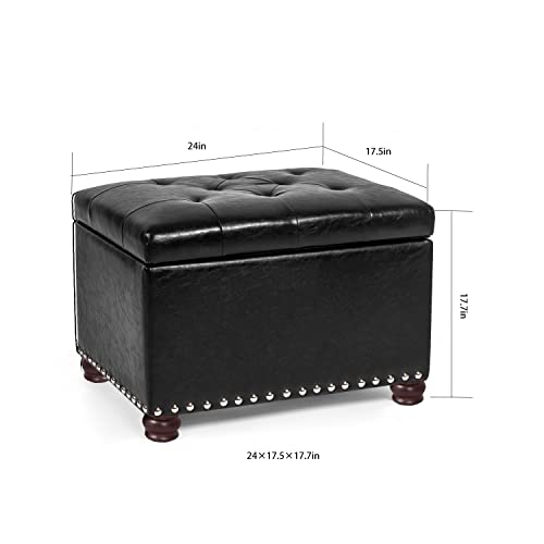 Leather Storage Ottoman, 24" Rectangle Tufted Foot Rest Stool, for Living Room Bedroom, Midnight Black - color: Midnight Black