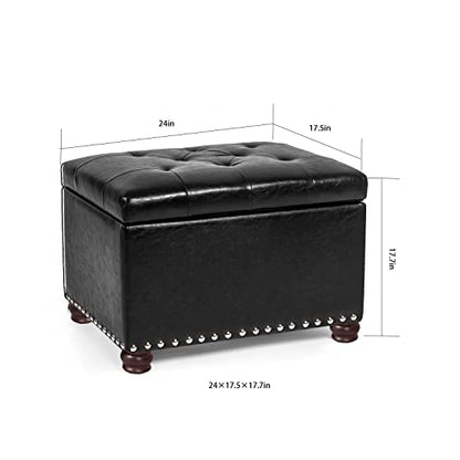 Leather Storage Ottoman, 24" Rectangle Tufted Foot Rest Stool, for Living Room Bedroom, Midnight Black - color: Midnight Black