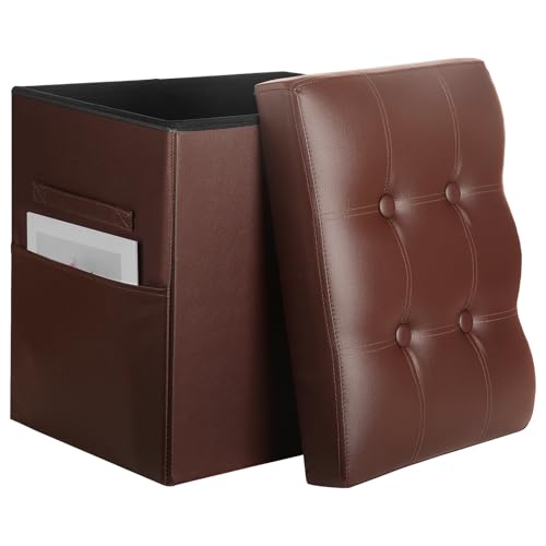 Ottoman with Storage, Folding Foot Rest Stool with Thicker Foam Padded Seat. Slim Tall Storage Ottoman Furniture with Handles & Side Pocket for Living Room Bedroom 350 lbs, 17x13x17in, Light Brown - color: Light Brown 1, size: 17"D x 13"W x 17"H