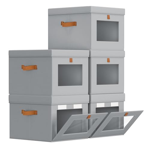 Storage Bins with Lid – Closet Organizer with Side Opening and Clear Window, Foldable Stackable Fabric Basket for Clothes, Home, Office - 13.77" x 11.8" x 9.8", 5 Pack, Grey - color: Grey, size: 13.7 Inch-5 Pack