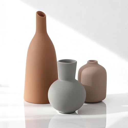 Ceramic Vase Home Table Decor, Rustic Farmhouse Decor, Small Vases Set of 3 for Table Bookshelf Mantel Kitchen Living Room Office Vintage Aesthetic Decorative (Desert Color Palette) - color: Desert Tones