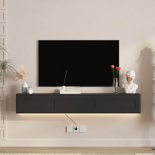 Floating TV Stand Wall Mounted with Led Lights & Power Outlets, Wooden Media Console for TVs Up to 70 Inch, Entertainment Center Television Table Cabinet for Living Room, Black - color: Black, size: 68.9" W x 10.6" H