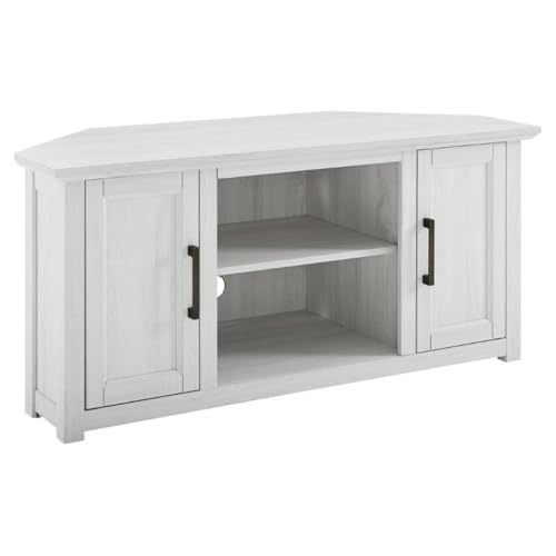 Pemberly Row Modern Rustic Wood Corner TV Stand, 48 in, Whitewash Finish, Fits TVs Up to 50 in, Adjustable Shelving, Cable Management, Antique Brass Hardware, MDF Construction, Living Room - color: Whitewash