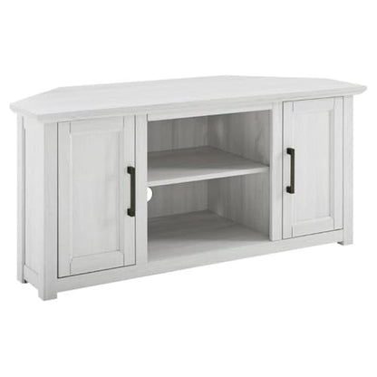 Pemberly Row Modern Rustic Wood Corner TV Stand, 48 in, Whitewash Finish, Fits TVs Up to 50 in, Adjustable Shelving, Cable Management, Antique Brass Hardware, MDF Construction, Living Room - color: Whitewash