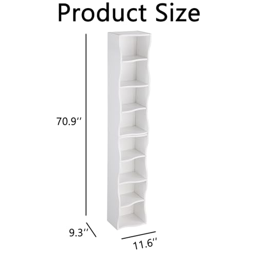 Tall Narrow Bookshelf, 8-Tier Tall Skinny Shelf with Adjustable Shelves, Narrow Bookcase for Small Spaces, 70.87" Slim Bookshelf for Home Office, Easy to Assemble, White - color: A-white