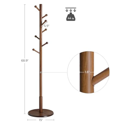 VASAGLE Solid Wood Coat Rack, Free Standing Hall Coat Tree with 7 Hooks, 3 Height Options, for Coats, Hats, Bags, Purses, for Entryway, Hallway, Rubberwood Hooks and Pole, Dark Walnut URCR07WN - color: Dark Walnut, style: Round Base + Spherical Hooks