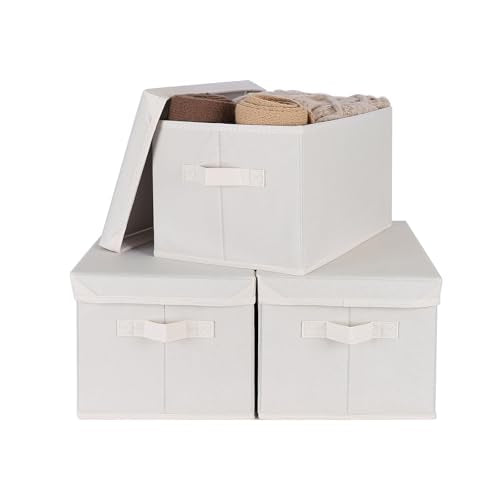 WUIKE 3 Pack Large Fabric Storage Baskets with Cover for Bedroom, Closet Storage Bins with Lids for Clothes, Towel, Blanket, Purse, Hats - color: Beige, size: Large