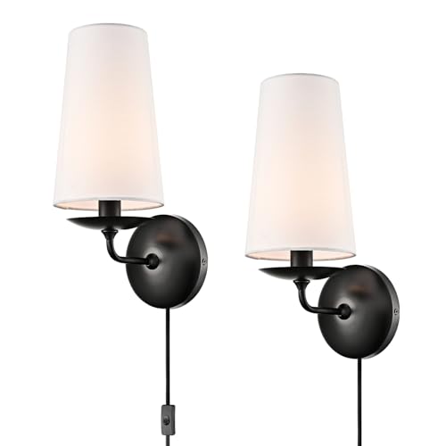 Moose Modern Black Wall Sconces Plug-in Set of Two with Fabric Shade | Industrial Black Linen with On/Off Switch Wall Lamp for Bedside, Living Room, Hallway, House Reading - color: Black, size: 2-Pack | 1-Light