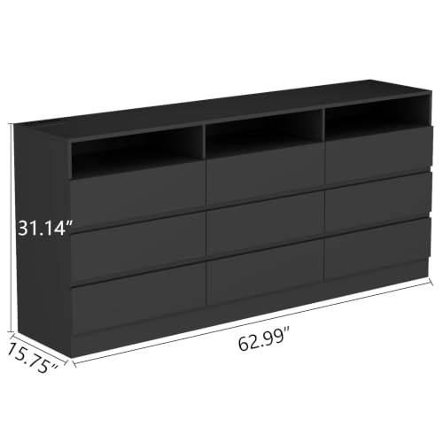 Gyfimoie 63" Black 9-Drawer Dresser for Bedroom w/Power Outlet, LED Light | Modern Triple Dresser with 3 Open Cubbies, Spacious Chest of Drawers, and TV Stand - color: Black, size: 15.8"D x 63"W x 31.1"H (9 Drawers)