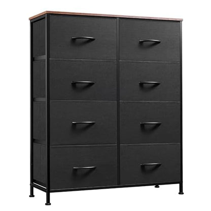 WLIVE Tall Fabric Dresser with 8 Drawers, Storage Tower with Fabric Bins, Double Dressers, Chest of Drawers for Closet, Bedroom, Living Room, Hallway, Dorm, Black and Rustic Brown | Black tall 8-drawer fabric dresser with bins, sleek modern tower for bedr
