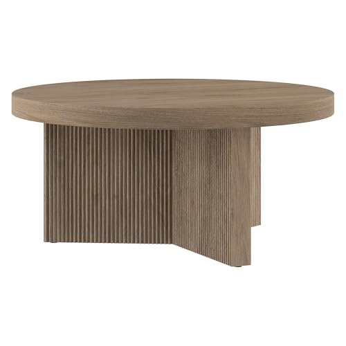 Henn&Hart 32" Scandinavian Fluted Coffee Table, Weathered Gray | Ribbed pedestal base and low profile bring Scandinavian style to small spaces including living rooms or family rooms - color: Weathered Gray, size: 32 inches