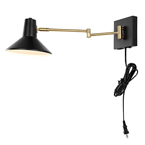 JONATHAN Y Hygge 1-Light Modern Swing Arm USB Sconce 8", Black/Brass Gold | Metal Construction, Plug-In Midcentury Bedside Wall Lamp, Cone Shade, Adjustable Head, LED Bulb Included - color: Black/Brass Gold