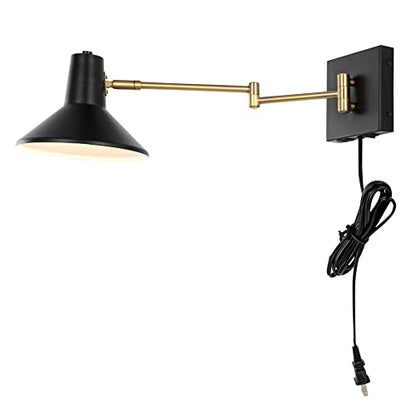 JONATHAN Y Hygge 1-Light Modern Swing Arm USB Sconce 8", Black/Brass Gold | Metal Construction, Plug-In Midcentury Bedside Wall Lamp, Cone Shade, Adjustable Head, LED Bulb Included - color: Black/Brass Gold