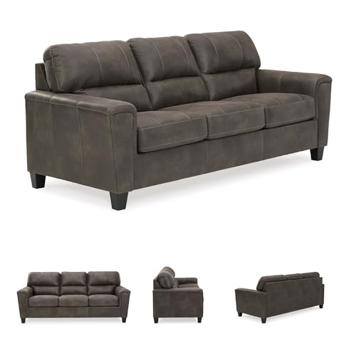 Signature Design by Ashley Navi Faux Leather Queen Sleeper Sofa Bed, Gray | Warm-feel weathered polyester blend, Space-saving pull-out design for multi-use rooms, Supportive attached cushion back - color: Grey, style: Sleeper