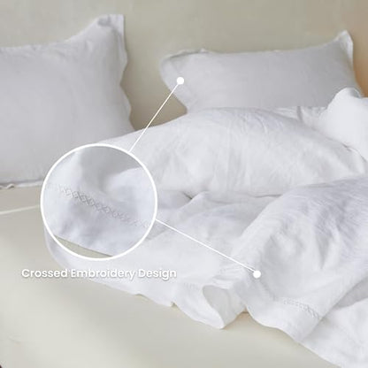 Simple&Opulence 100% Linen Duvet Cover Set with Crossed Embroidery Washed - 3 Pieces (1 Duvet Cover with 2 Pillow Shams) Soft Breathable Farmhouse - White, Queen Size - color: Crossed-white, size: Queen