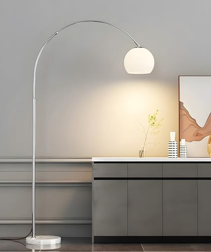 Mid Century Modern White Arc Floor Lamp for Living Room and Bedroom | 9.84 In Globe Acrylic Lampshade,Marble Base,59-70 In Adjustable Height,3000K Warm Light,Foot Switch Control,Couch Lamp - color: White-Acrylic