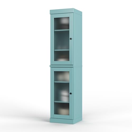Solid Wood Kitchen Pantry Cabinet w/Frosted Glass Doors - Narrow Storage Cabinet - 16.5" Wide x 71.5" Tall - Aqua, Adjustable Shelves, 100% Eco-Friendly Wood, Modular Cabinets - color: Aqua, style: Frosted Glass Doors