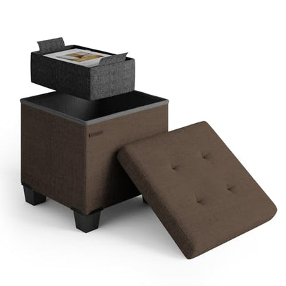 Storage Ottoman Cube with Small Bin, 15-in Square Ottoman with Storage for Living Room and Bedroom, Small Ottomans Foot Rest, Fabric Foot Stools Ottomans Max 330lbs, Brown - color: 06 - Brown