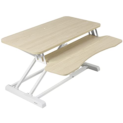 VIVO 32 inch Desk Converter, K Series, Height Adjustable Sit to Stand Riser, Dual Monitor and Laptop Workstation with Wide Keyboard Tray, Light Wood Top, White Frame, DESK-V000KF - color: Light Wood, size: 32"